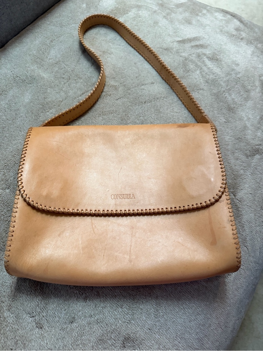 Consuela Natural Tan Leather Shoulder Bag with Whipstitch Trim